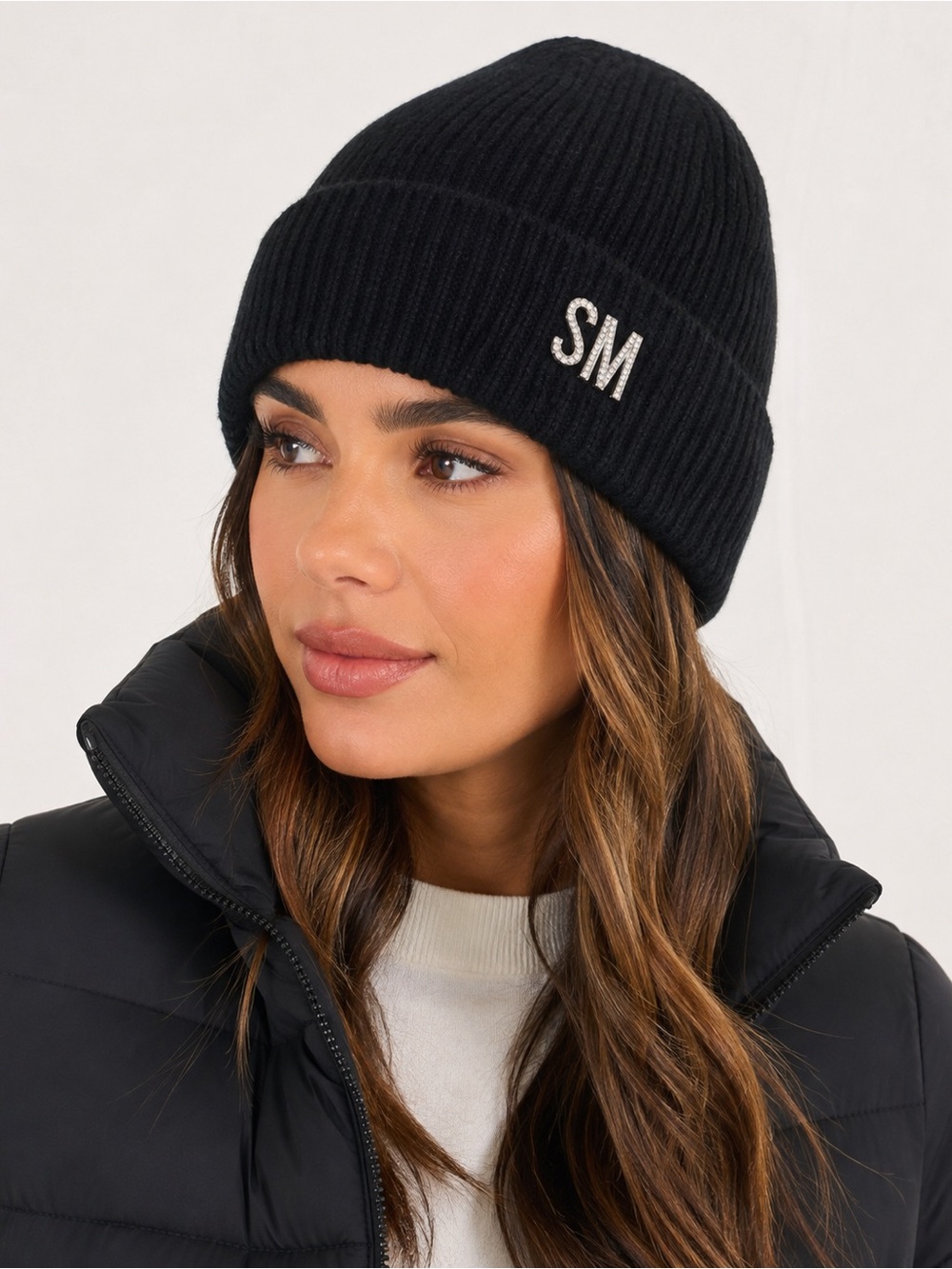 Steve Madden Wool Blend Cuffed Bling Beanie Black NWT